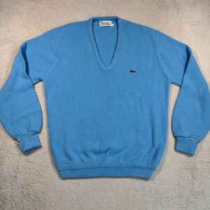 Vintage Izod Lacoste V-Neck Sweater Mens L Blue Acrylic Knit Crocodile Logo 80s
